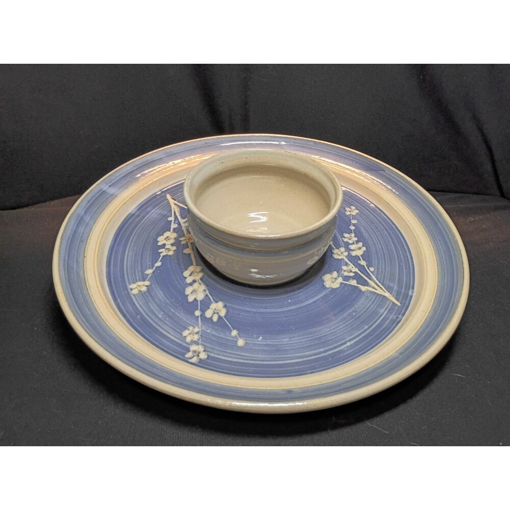 Sue Cannon Cherry Blossom Studio Pottery Chip Dip Platter 11" Signed Handmade